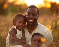 ai généré famille unité thème avec joyeux les enfants et père pour du père journée vacances photo