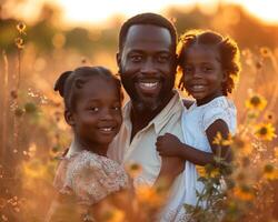 ai généré famille unité thème avec joyeux les enfants et père pour du père journée vacances photo