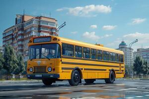 ai généré Publique transport Jaune autobus pour sol transport photo