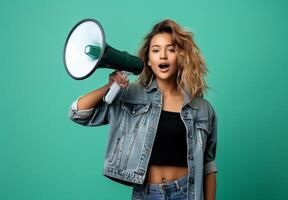 femme avec une mégaphone pour nouvelles alimente et Ventes commercialisation, thème de protéger aux femmes droits et féminisme. photo