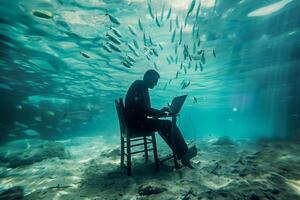 homme sur une chaise travail sur une portable sous-marin thème de indépendant, concentration et inspiration photo