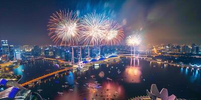 de fête feux d'artifice dans le nuit ciel à une fête un événement dans honneur de un anniversaire ou Nouveau année photo