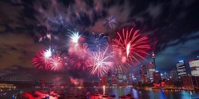 de fête feux d'artifice dans le nuit ciel à une fête un événement dans honneur de un anniversaire ou Nouveau année photo