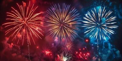 de fête feux d'artifice dans le nuit ciel à une fête un événement dans honneur de un anniversaire ou Nouveau année photo