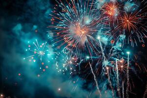 de fête feux d'artifice dans le nuit ciel à une fête un événement dans honneur de un anniversaire ou Nouveau année photo