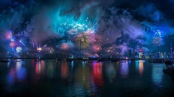 de fête feux d'artifice dans le nuit ciel à une fête un événement dans honneur de un anniversaire ou Nouveau année photo
