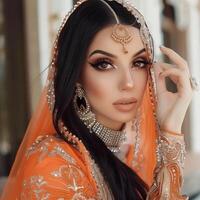 un est fille avec captivant yeux dans traditionnel Oriental tenue photo