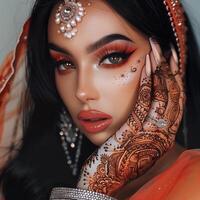 un est fille avec captivant yeux dans traditionnel Oriental tenue photo