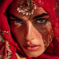 un est fille avec captivant yeux dans traditionnel Oriental tenue photo