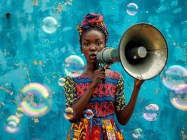 femme avec une mégaphone pour nouvelles alimente et Ventes commercialisation, thème de protéger aux femmes droits et féminisme. photo