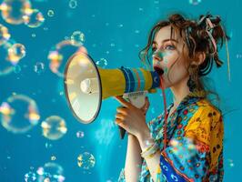 femme avec une mégaphone pour nouvelles alimente et Ventes commercialisation, thème de protéger aux femmes droits et féminisme. photo