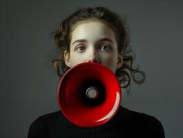 femme avec une mégaphone pour nouvelles alimente et Ventes commercialisation, thème de protéger aux femmes droits et féminisme. photo