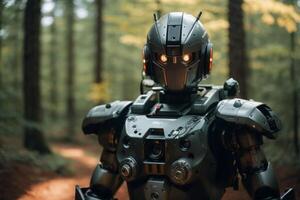 une robot permanent dans le milieu de une forêt photo