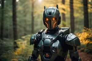 une robot permanent dans le milieu de une forêt photo