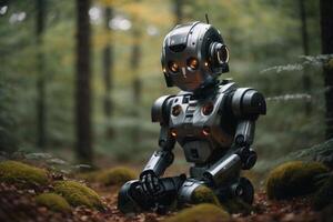 une robot permanent dans le milieu de une forêt photo