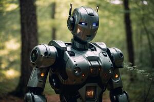 une robot permanent dans le milieu de une forêt photo