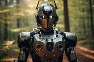 une robot permanent dans le milieu de une forêt photo