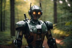 une robot permanent dans le milieu de une forêt photo