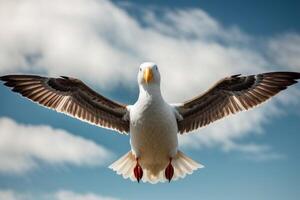 une mouette en volant plus de le océan avec rouge des arbres photo