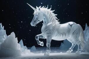 une blanc Licorne est permanent dans le neige photo