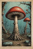une champignon maison avec deux champignons sur Haut photo