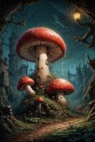 une champignon maison avec deux champignons sur Haut photo