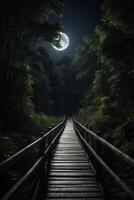 une pont plus de une foncé forêt avec une plein lune photo