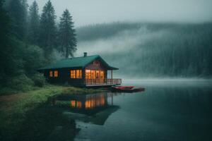 une petit cabine est assis sur le bord de une Lac photo