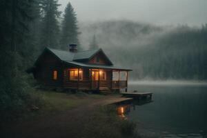 une cabine est assis sur le rive de une Lac dans le brouillard photo