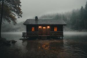 une cabine est assis sur le rive de une Lac dans le brouillard photo