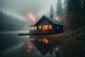 une cabine est assis sur le rive de une Lac à crépuscule photo