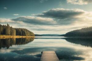 une Lac entouré par des arbres et herbe photo