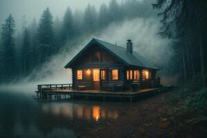 une cabine est assis sur le rive de une Lac à crépuscule photo