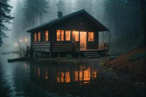 une cabine est assis sur le rive de une Lac à crépuscule photo