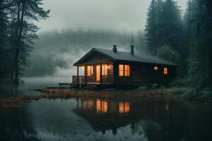 une cabine est assis sur le rive de une Lac à crépuscule photo