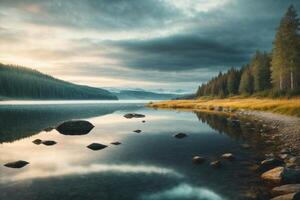 une Lac entouré par des arbres et rochers photo