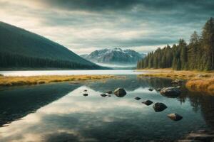 une Lac entouré par des arbres et rochers photo