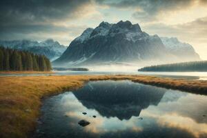 une Montagne intervalle est réfléchi dans le l'eau à le coucher du soleil photo