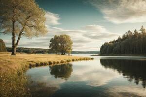 une Lac entouré par des arbres et herbe à lever du soleil photo