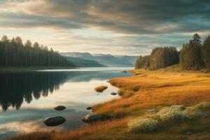 une Lac entouré par des arbres et rochers photo