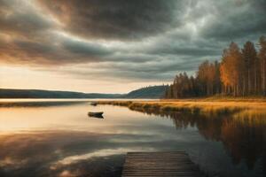 une Lac entouré par des arbres et rochers photo