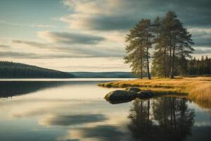 une Lac entouré par des arbres et herbe en dessous de une nuageux ciel photo