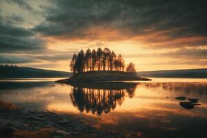 une Lac entouré par des arbres et herbe en dessous de une nuageux ciel photo