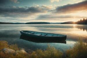 une bateau est assis sur le rive de une Lac photo