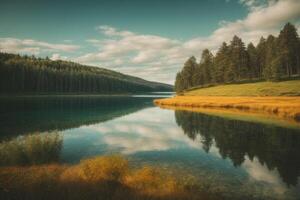 une magnifique Lac entouré par des arbres et rochers photo