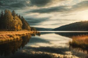 une magnifique Lac entouré par des arbres et rochers photo