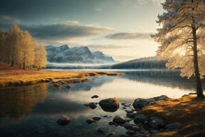 une magnifique Lac entouré par des arbres et rochers photo