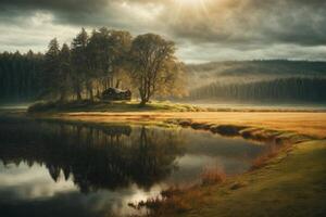 une Montagne Lac entouré par herbe et des arbres photo