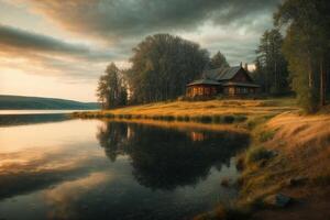 une rouge maison est assis sur le rive de une Lac photo