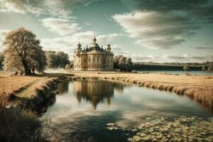 une petit en bois maison est assis sur le rive de une Lac photo